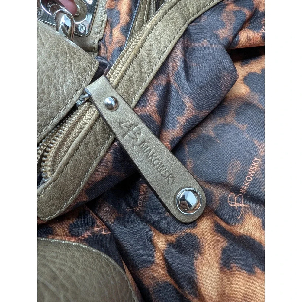 B. Makowsky Taupe Leather Hobo Bag Leopard Print Lining Silver Hardware Large
